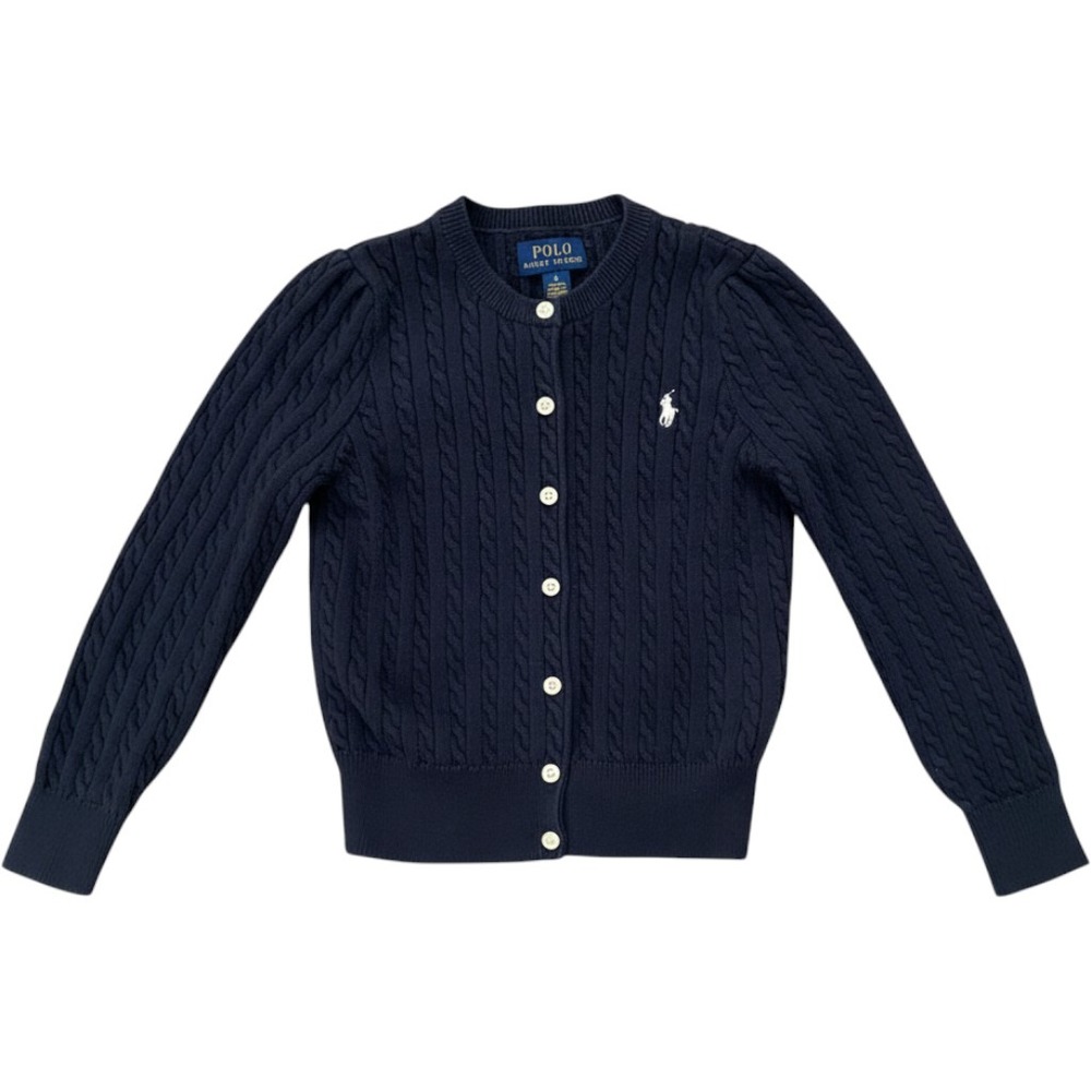 Polo Ralph Lauren Cable Knit Cardigan Girls Size 5 Navy Blue Pony Logo Sweater